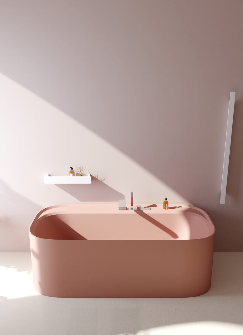 The Relax Design Hui freestanding bath, by Ze Tae Studio, comes in 16 different solid colours, from warm pink, pictured, to rich chocolate hues, cool grey to moss green from about €7,276 to order, ex delivery from UK-based CP Hart
