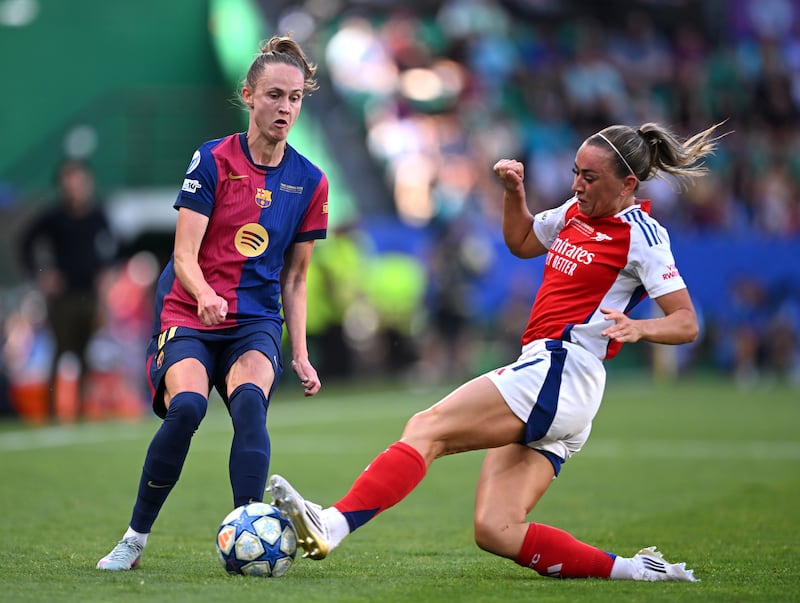 Katie McCabe winning the ball from Barcelona's Caroline Graham Hansen in last month's Champions League final. Photograph: David Ramos/Getty Images