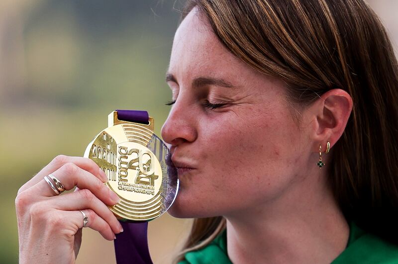 Ireland’s Ciara Mageean celebrates with her gold medal after winning the 1,500m at the 2024 European Athletics Championships in Rome. Photograph: Morgan Treacy/Inpho