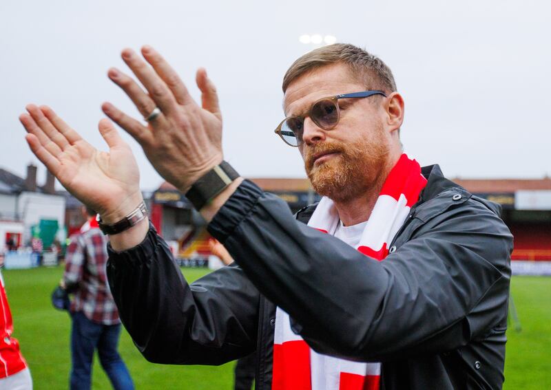 Shelbourne manager Damien Duff applauds the fans during the title homecoming at Tolka Park on Saturday. Photograph: Tom Maher/Inpho 