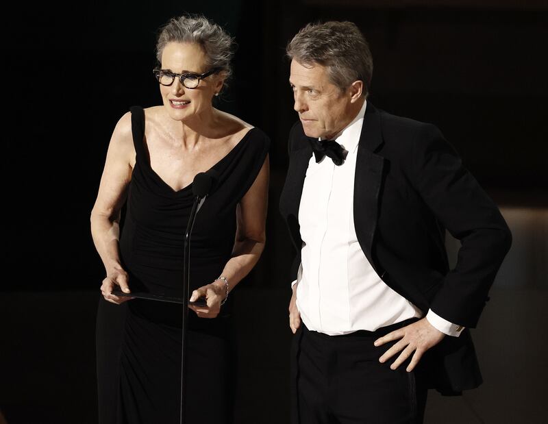 Andie McDowall and Hugh Grant during the 2023 annual Academy Awards ceremony. Photograph: EPA-EFE