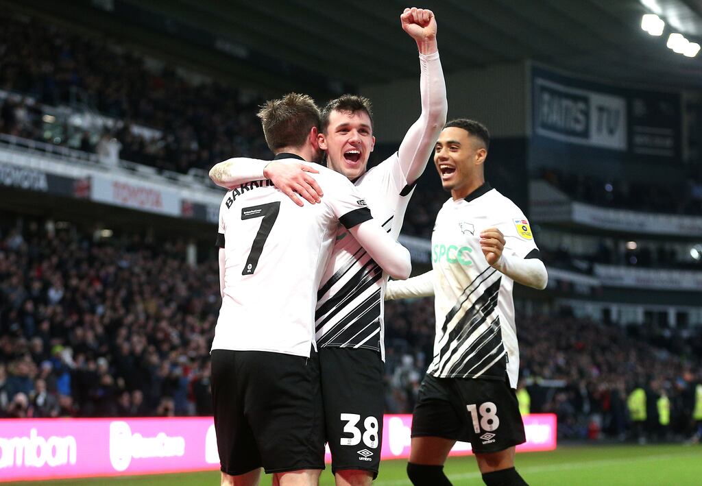 Jason Knight celebrates during Derby's win. Photograph: Nigel French/PA