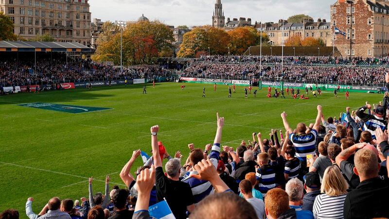 Bath supporters celebrate Freddie Burns’s try that never was against Toulouse. Photograph: Adrian Dennis/AFP