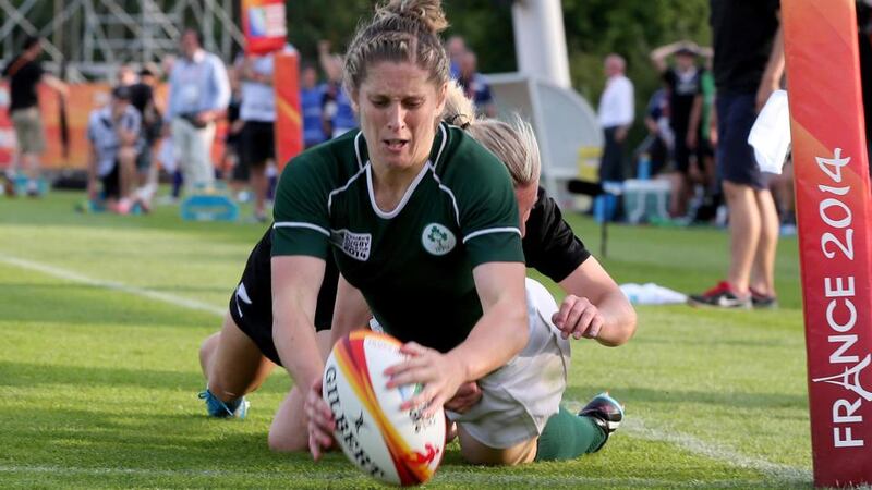 Alison Miller touches down for a try during Ireland's famous pool victory against New Zealand at the 2014 Rugby World Cup in France. Photograph: Dan Sheridan/Inpho