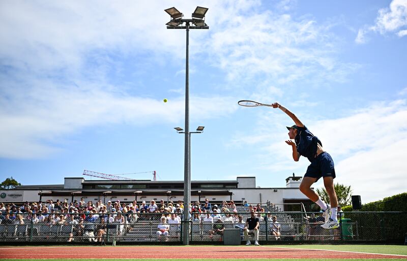 Filip Pieczonka of Poland in action against Ben Jones of Britain during the men's singles final at the Irish Open in Carrickmines, Dublin, in August 2024. Photograph: Harry Murphy/Sportsfile