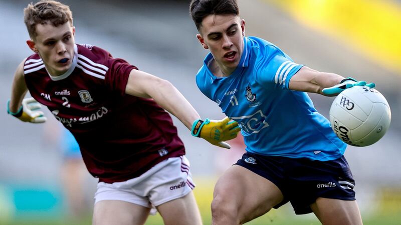 Dublin’s Lorcan O’Dell with Jonathan McGrath of Galway in the All-Ireland under-20 football  final in Croke Park.  Photograph: Tommy Dickson/Inpho