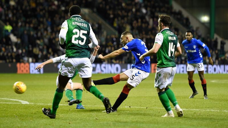 Rangers Eros Grezda has a shot at goal. Photograph: Ian Rutehrford/PA Wire.