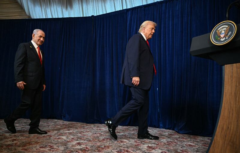 Israeli prime minister Binyamin Netanyahu and US president Donald Trump arrive to speak at a joint press conference at Mr Trump's Mar-a-Lago residence in Palm Beach, Florida. Photograph: Jim WATSON/AFP via Getty Images