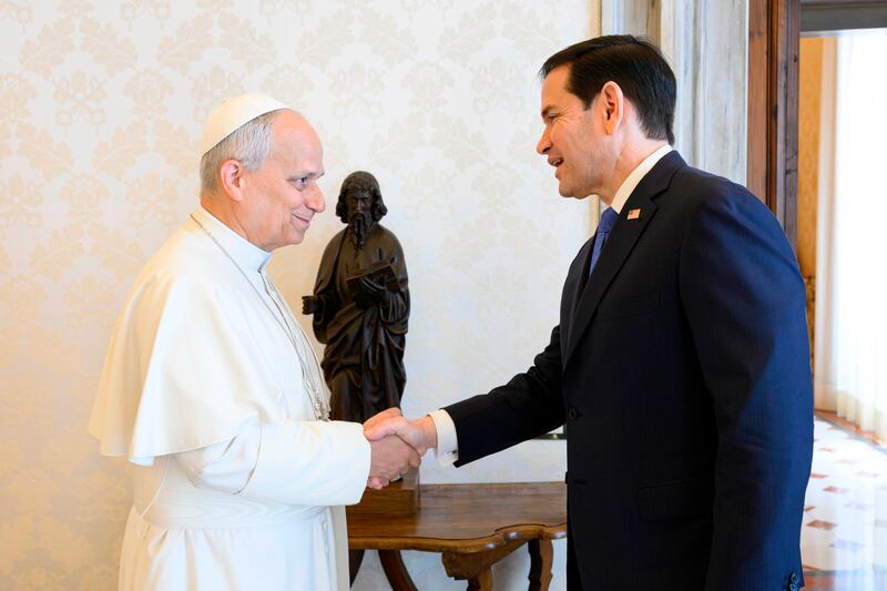 Pope Leo XIV greets US secretary of state Marco Rubio at the Vatican on Thursday. Photograph by Vatican Media via AP
