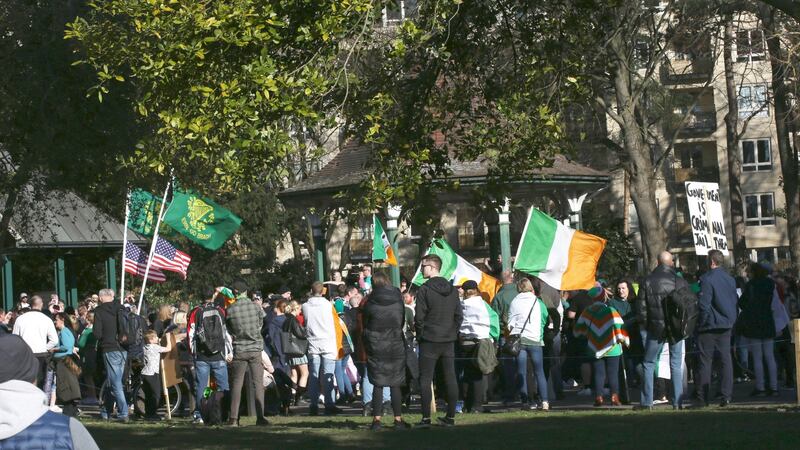 Hundreds  gathered at an anti-lockdown event at Herbert Park Dublin. Photograph:  Stephen Collins / Collins Photos Dublin