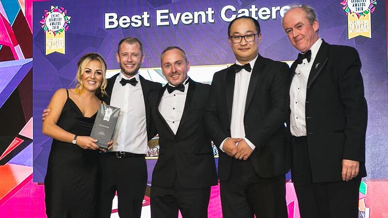 Peter Hanley, Director, Hanley Event Group presents the Best Event Caterer award to the Aramark at Croke Park team.