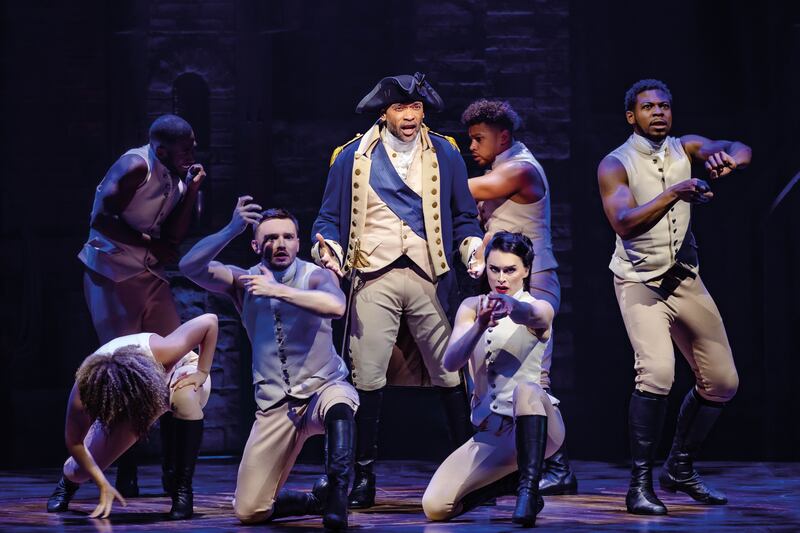 Hamilton: Charles Simmons as George Washington, with other members of the company. Photograph: Danny Kaan