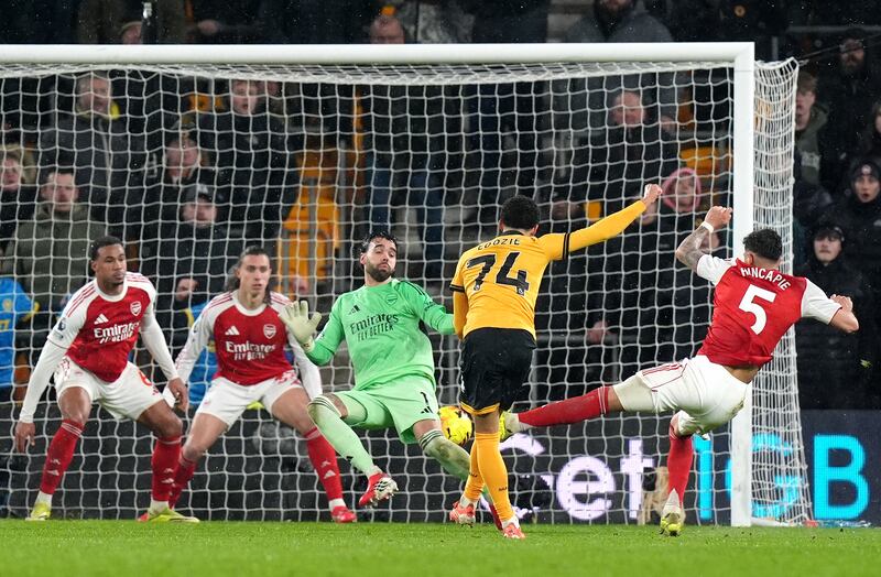 Wolverhampton Wanderers' Tom Edozie shoots, leading to Arsenal's Riccardo Calafiori scoring an own goal. Photograph: PA