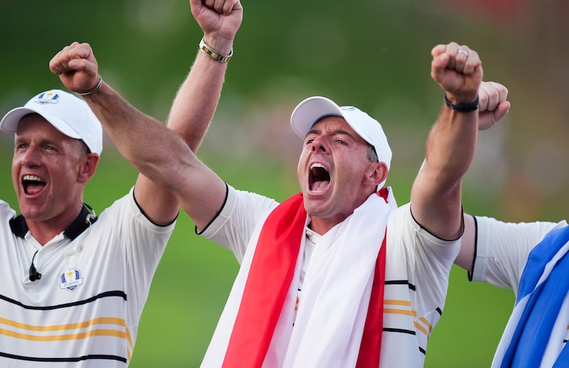Rory McIlroy celebrates after winning the Ryder Cup. Photograph: Mike Egerton/PA