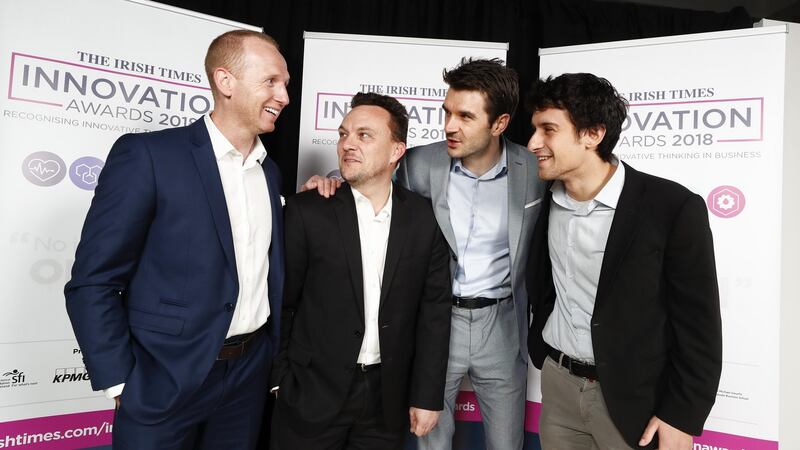 Martin Woods, developer engineer; Danny Curran, director of growth;  Niall Dennehy, co-founder; and Nicola Paoli, blockchain developer,  all from AID:Tech, at the Irish Times Innovation Awards 2018. Photograph: Conor McCabe