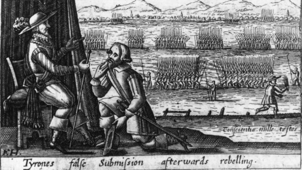 Hugh O’Neill makes a formal submission to the English after the suppression of his rebellion. Photograph: Hulton Archive/Getty Images