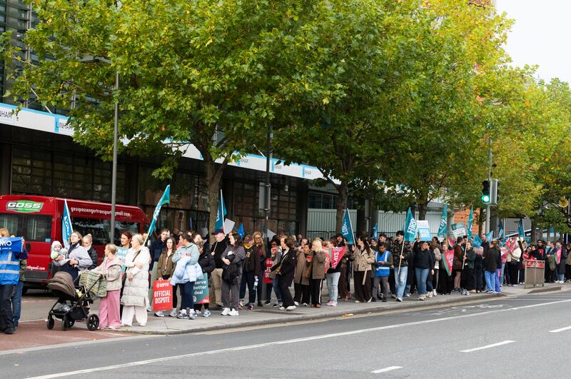 Medical staff on the picket line outside the Mater Hospital in Dublin as Public servants take strike action over pay and conditions and the cost of living. Photograph: Sam Boal/Collins Photos 