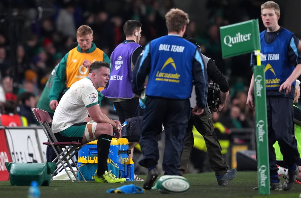 Ireland's James Ryan on the touchline after being shown a yellow card (changed to red). Photograph: Brian Lawless/PA Wire