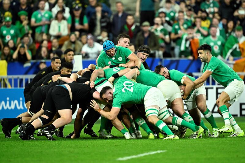 Ireland drive towards the New Zealand line during the Rugby World Cup quarter-final at the Stade de France in Paris. Photograph: Julien De Rosa/ AFP via Getty Images