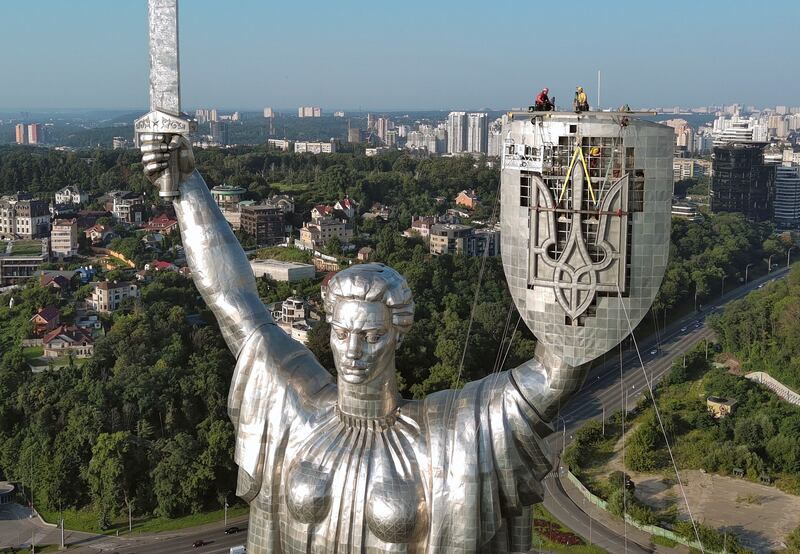 A huge statue which towers over Kyiv represented the Soviet Motherland. It was this month rechristened Mother Ukraine. The hammer and sickle were removed from her shield and replaced with the Ukrainian trident. Photograph: Sergey Dolzhenko/EPA