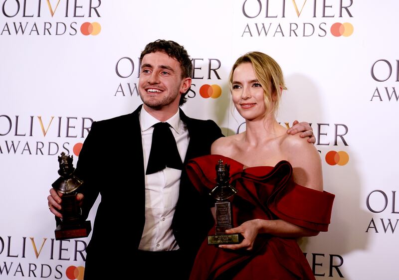 Paul Mescal and Jodie Comer after winning their awards for best actor and best aActress at the Olivier Awards held at the Royal Albert Hall, London, on Sunday evening. Photograph: Jordan Pettitt/PA