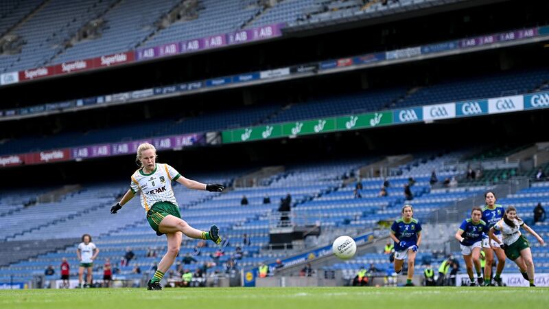 Stacey Grimes scores  Meath’s second goal from the penalty spot during the final against Kerry at Croke Park. Photograph: Ramsey Cardy/Sportsfile