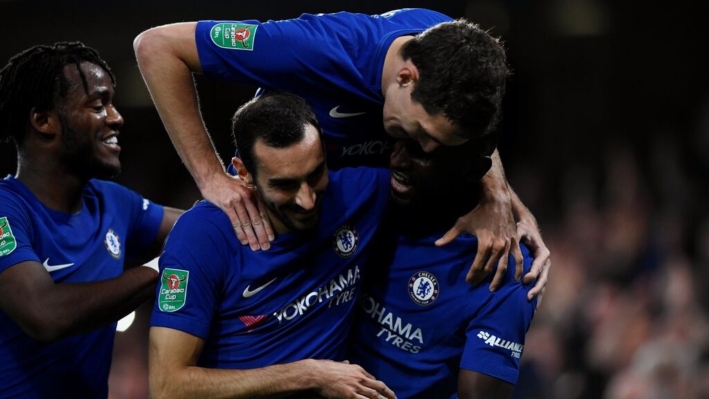 Chelsea’s Antonio Rudiger celebrates his first half goal against Everton. Photograph: Dylan Martinez/Reuters