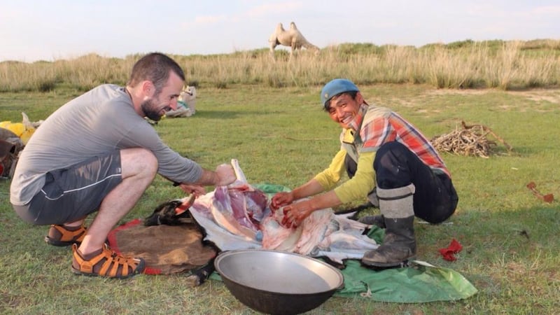Ciarán Hussey in Mongolia. Hussey is cycling home from Japan with his girlfriend Laura McMorrow.