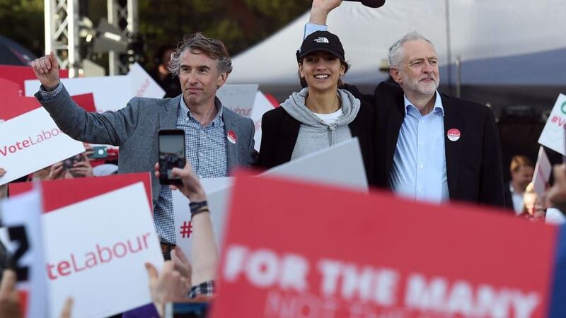 Big draw: Jeremy Corbyn with the comedian Steve Coogan, who compered the rally, and supporter Saffiyah Khan. Photograph: Paul Ellis/AFP/Getty