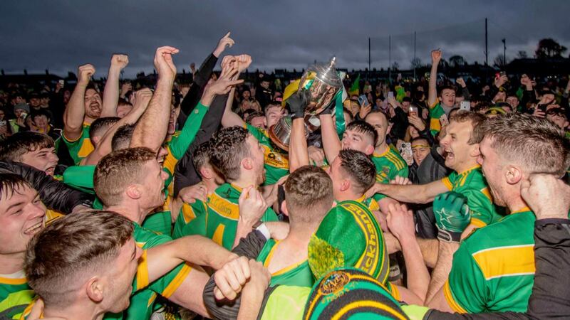 Kickhams Creggan celebrate becoming Antrim senior champions at Corrigan Park in Belfast. Photograph: 
Cathal McOscar/Inpho