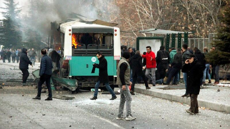 Turkey’s Dogan news agency said the blast hit the bus as it drove past a car believed to be packed with explosives. Photograph:  Turan Bulut/ Ihlas News Agency via Reuters