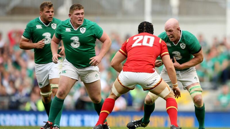 Tadhg Furlong and Paul O’Connell in action during the 2015 Rugby World Cup warm-up game against Wales at the Aviva stadium. Photograph: James Crombie/Inpho