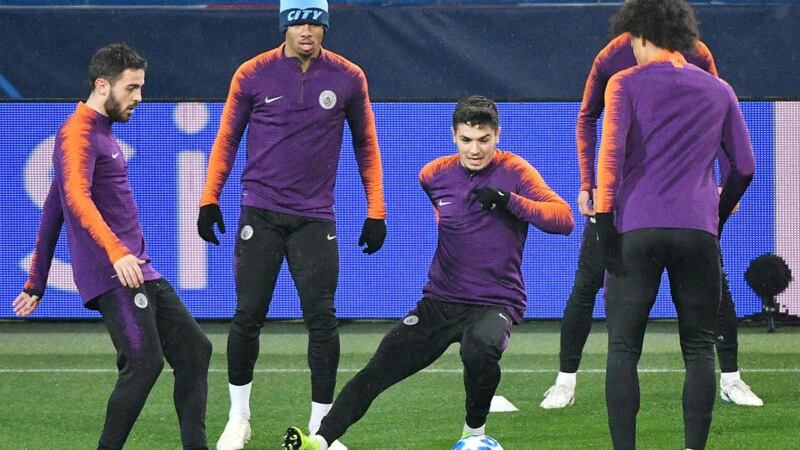 Manchester City’s players take part in a training session  at the Metallist stadium in Kharkiv on eve of their Uefa Champions League  match against Shakhtar Donetsk. Photograph:  Genya Savilov/AFP/Getty Images