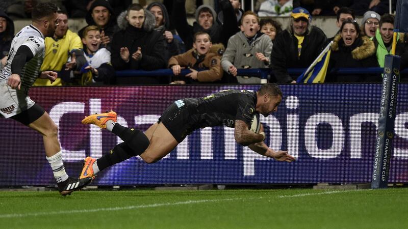 Clermont’s Luke McAlister dives to score against the Ospreys. Photograph: Thierry Zoccolan/AFP