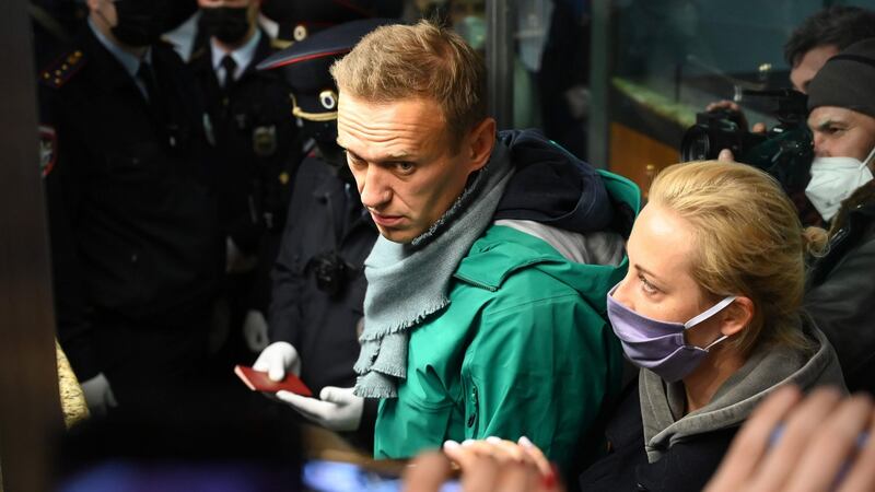 Alexei Navalny and his wife Yulia at passport control  at Moscow airport on January 17th after they  landed on a flight from Berlin. Photograph:  Kirill Kudryavtsev/AFP via Getty