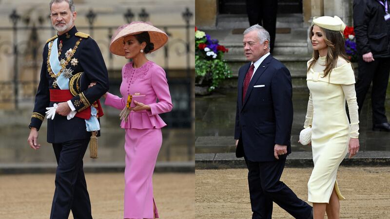 King Felipe VI and Queen Letizia of Spain (L) and King Abdullah II of Jordan and Queen Rania. See PA Feature FASHION Foreign Royals. Photograph: Joe Giddens/Toby Melville/PA. 


