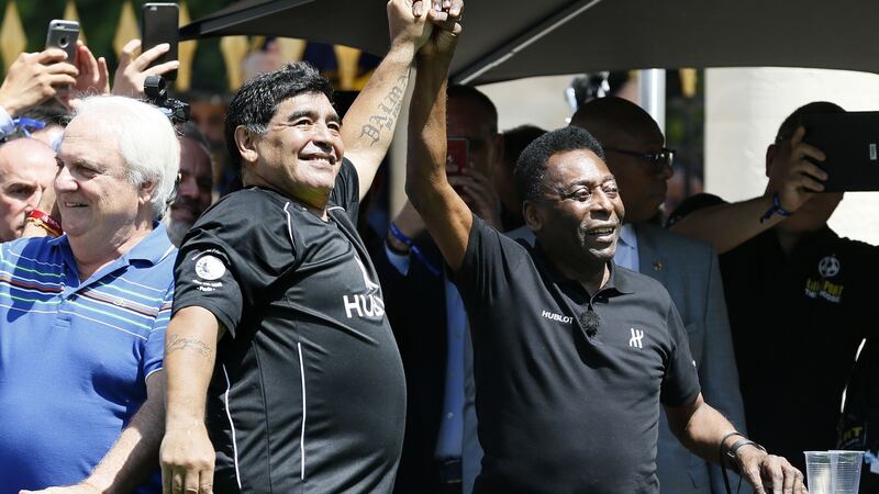 Former Argentina and Brazil football legends Diego Maradona Pele on June 9th, 2016, on the eve of the Euro 2016. File photograph: Getty