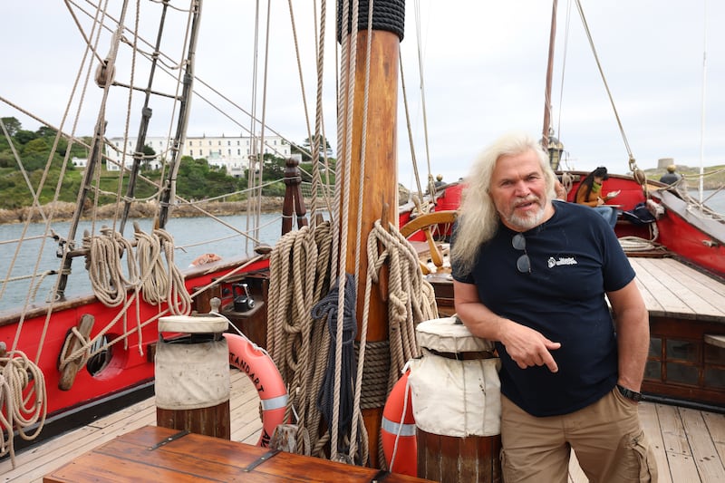 Captain Vladimir Martus, on the deck of the Shtandart on Tuesday. Photograph: Dara Mac Dónaill