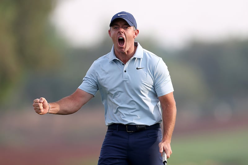Rory McIlroy celebrates after sinking an eagle putt on the 18th hole to force a playoff with Matthew Fitzpatrick at the DP World Tour Championship in Dubai. Photograph: Andrew Redington/Getty Images