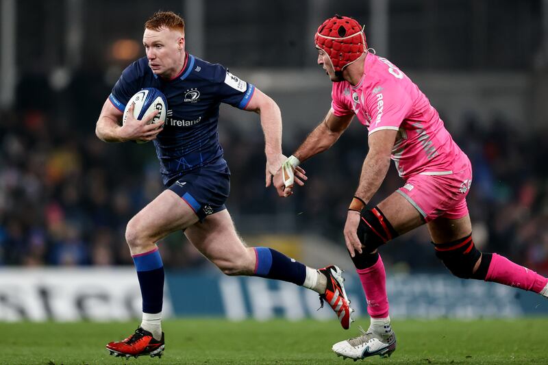 Leinster's Ciaran Frawley and Stade Francais' Mathieu Hirigoyen. Photograph: Ben Brady/Inpho