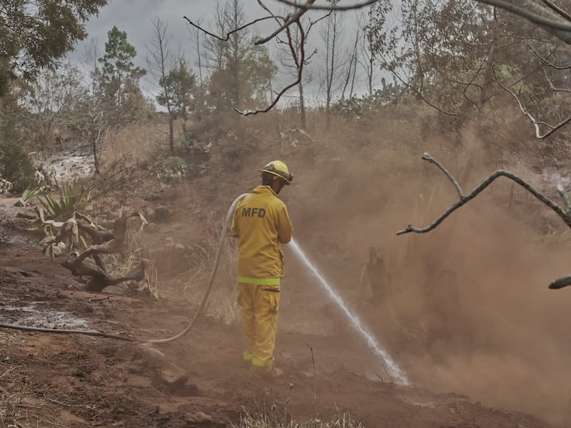 Firefighters spray water on hot spots in Kula, Maui, Hawaii, on Sunday. Photograph: Philip Cheung/New York Times