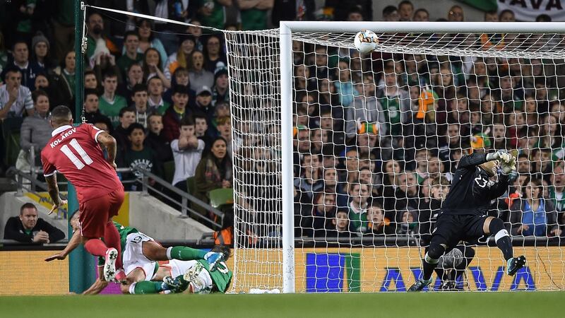 Aleksandar Kolarov of Serbia scores against Ireland in 2017. Photograph: Tommy Grealy/Inpho