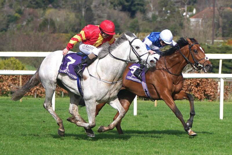 White Birch ridden by jockey Shane Foley (left) wins the P.W.Mcgrath Memorial Ballysax Stakes with Up and Under ridden by jockey Mikey Sheehy second during the Ballylinch Stud Classic Trials Day, held in April at Leopardstown Racecourse. Photograph: Niall Carson/PA