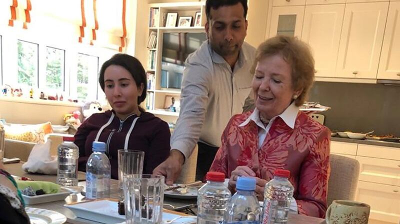 A handout image provided by United Arab Emirates News Agency  on December 24th, 2018m shows Sheikha Latifa bint Mohammed bin Rashid al-Maktoum having a meal with former president Mary Robinson. Photograph:  AFP/Getty Images