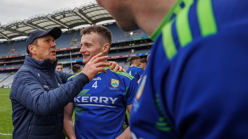 Kerry’s manager Jack O’Connor congratulates  Tom O’Sullivan after the win over Mayo in the Allianz Football League Division One  Final at  Croke Park. Photograph: James Crombie/Inpho