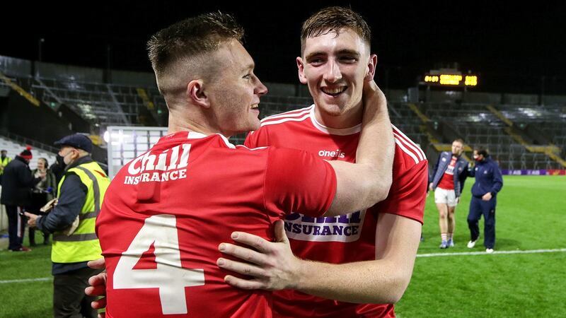 Cork’s Kevin Flahive and Mark Keane celebrate after the Munster GAA Senior Football Championship semi-final between Kerry and Cork at Páirc Uí Chaoimh in November 2020. Photograph: Laszlo Geczo/Inpho