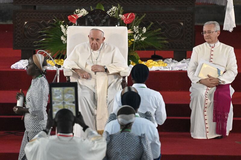 Pope Francis at a prayer meeting at Notre Dame Du Congo Cathedral in Kinshasa on Thursday. Photograph: Tiziana Fabi/AFP via Getty Images