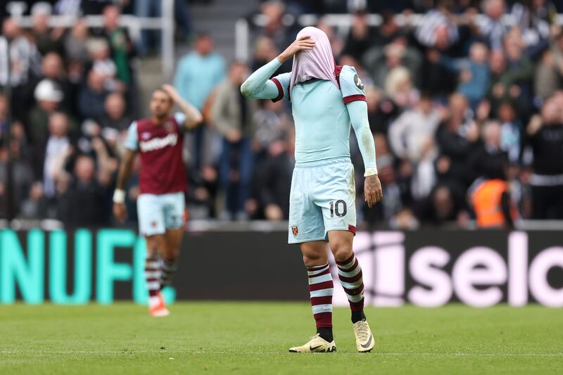 Lucas Paqueta of West Ham United reacts after Harvey Barnes of Newcastle United (not pictured) scores his team's fourth goal. Photograph: George Wood/Getty Images