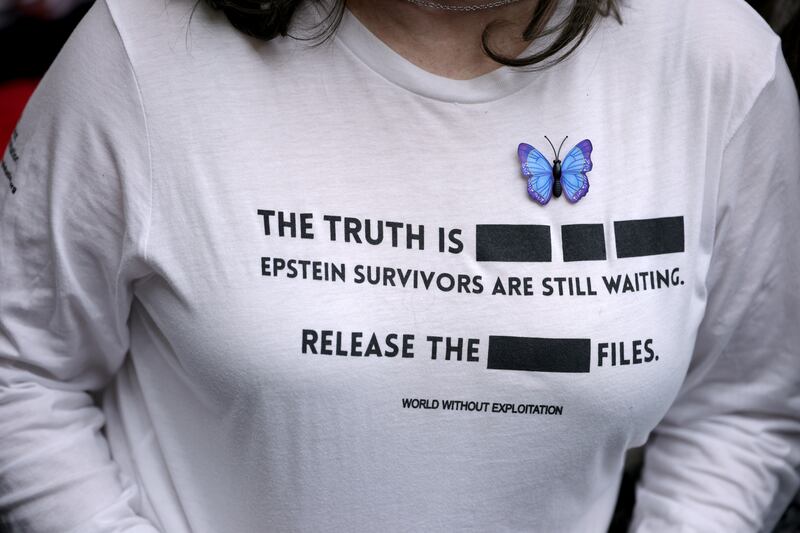 A woman in a top supporting survivors of Jeffrey Epstein's sexual abuse attends the testimony of  US attorney general Pam Bondi before the House Judiciary Committee on Wednesday in Washington DC. Photograph: Alex Wong/Getty 
