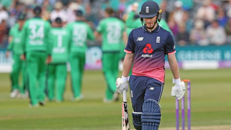 Morgan leaves the pitch after being dismissed. Photo: Andrew Fosker/Inpho